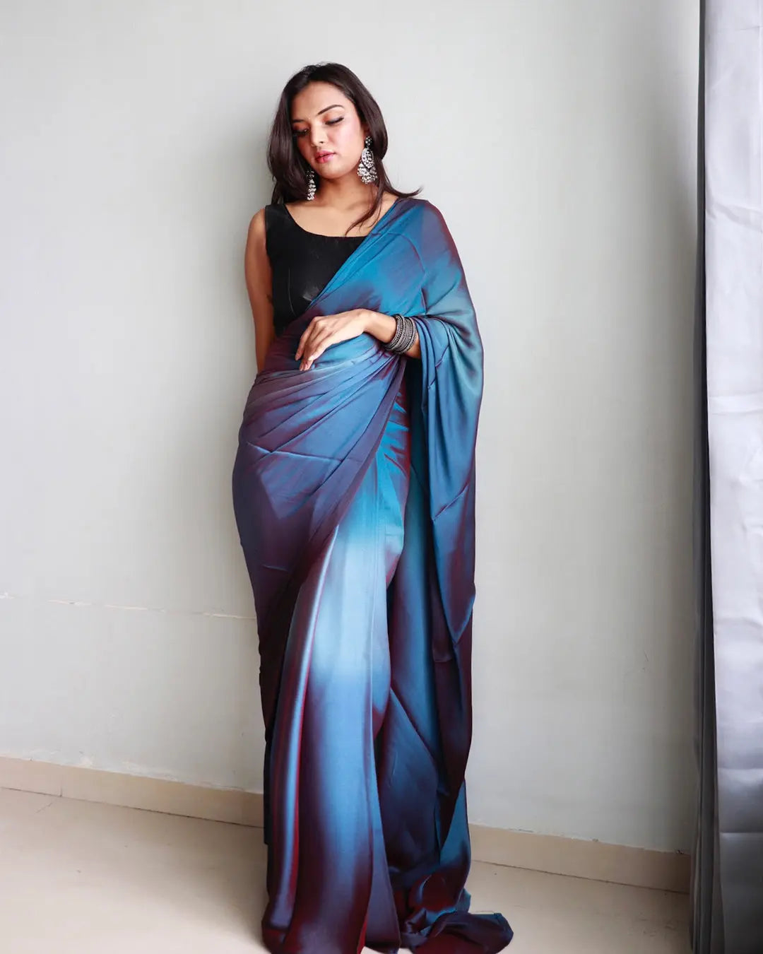 One Minute Ready to Wear New Looking Ocean blue Saree Divashree