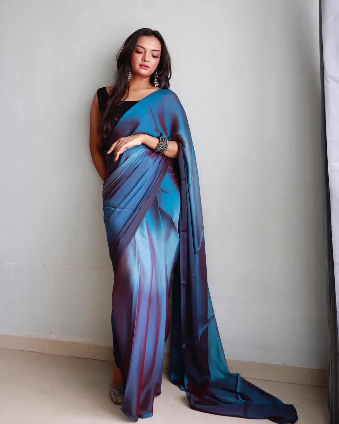 One Minute Ready to Wear New Looking Ocean blue Saree Divashree