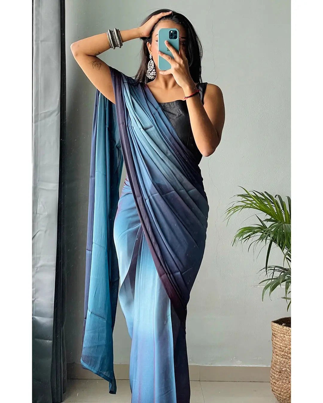 One Minute Ready to Wear New Looking Ocean blue Saree Divashree