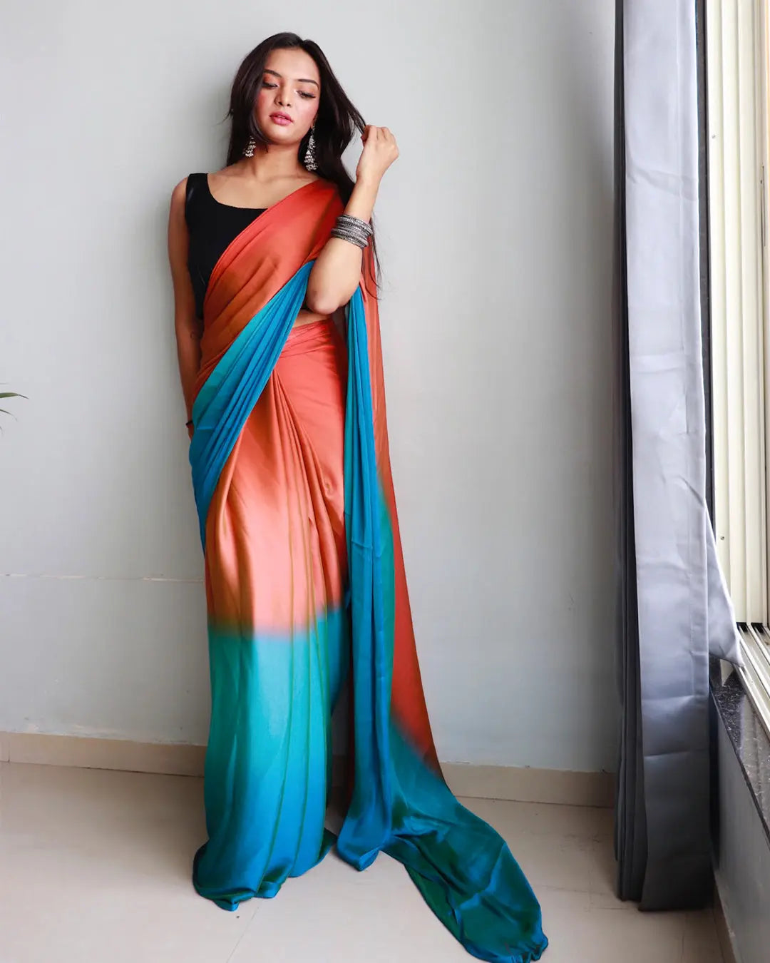 One Minute Ready to Wear New Looking Coralblue Saree Divashree