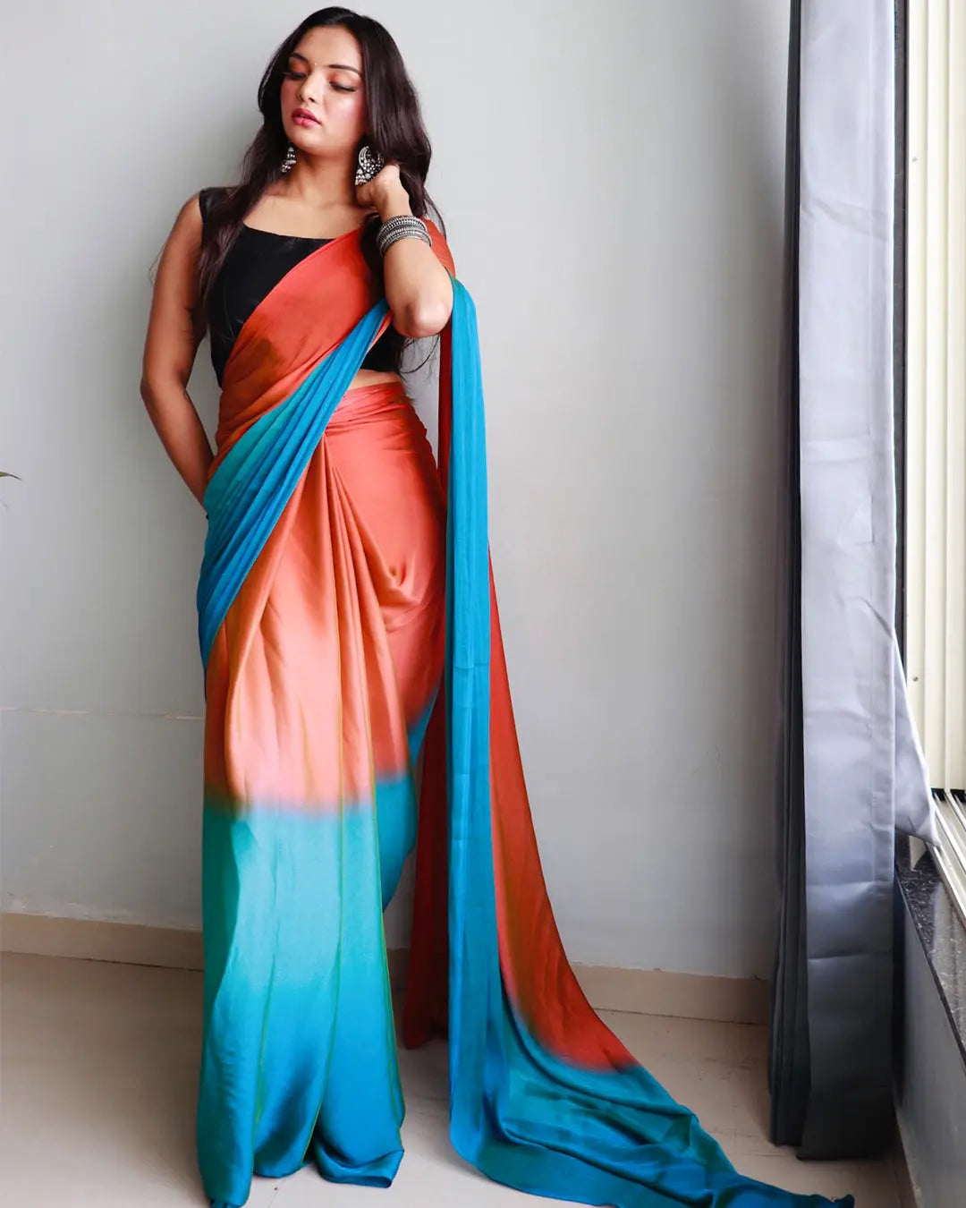 One Minute Ready to Wear New Looking Coralblue Saree Divashree