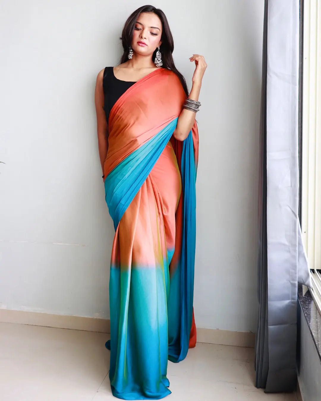 One Minute Ready to Wear New Looking Coralblue Saree Divashree