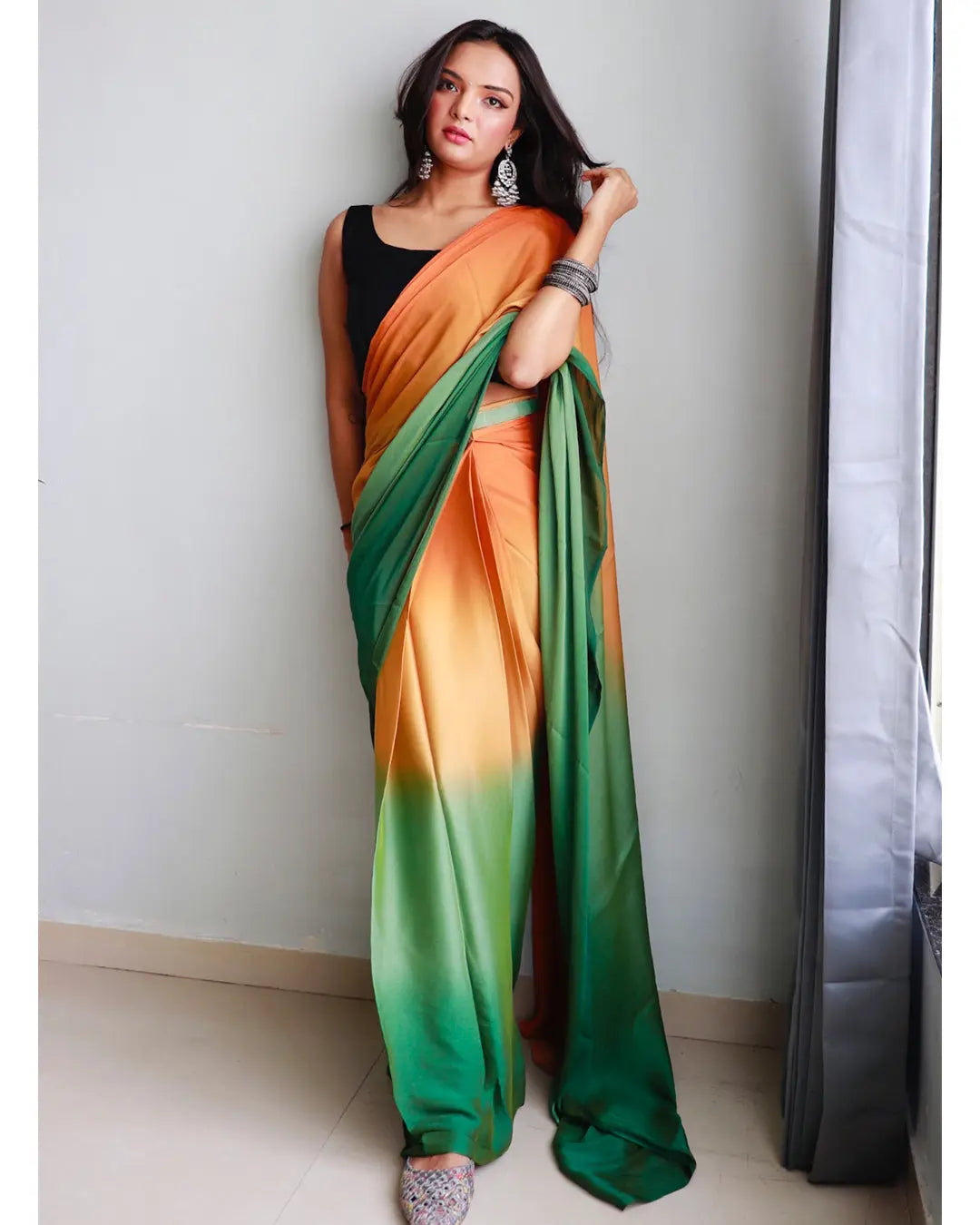 Ready to Wear New Looking One Minute Orange Green Saree Divashree