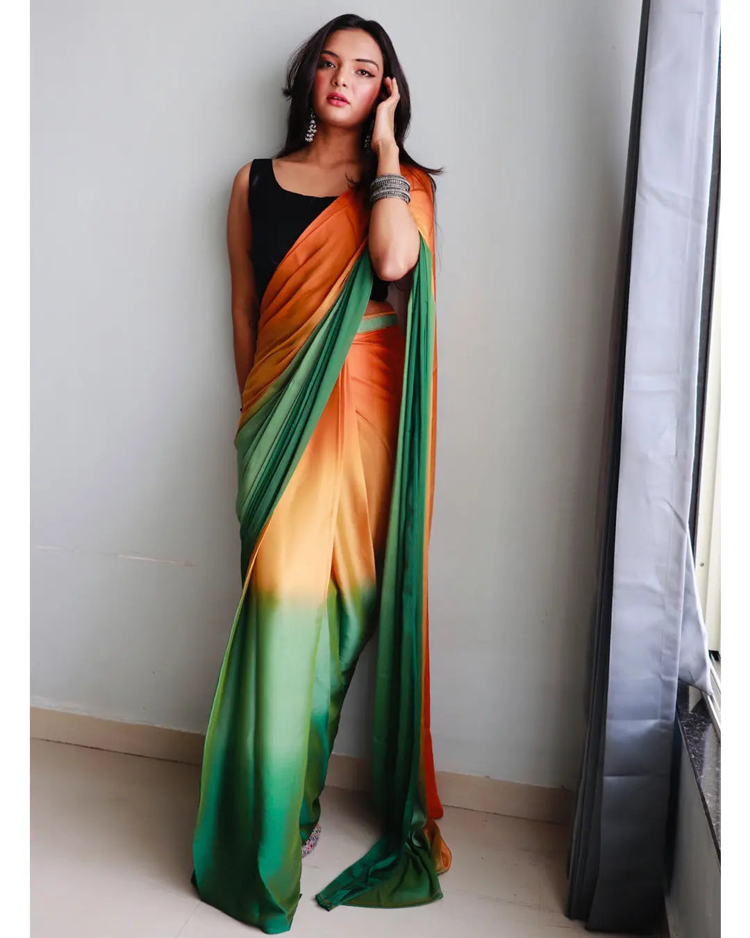 Ready to Wear New Looking One Minute Orange Green Saree Divashree