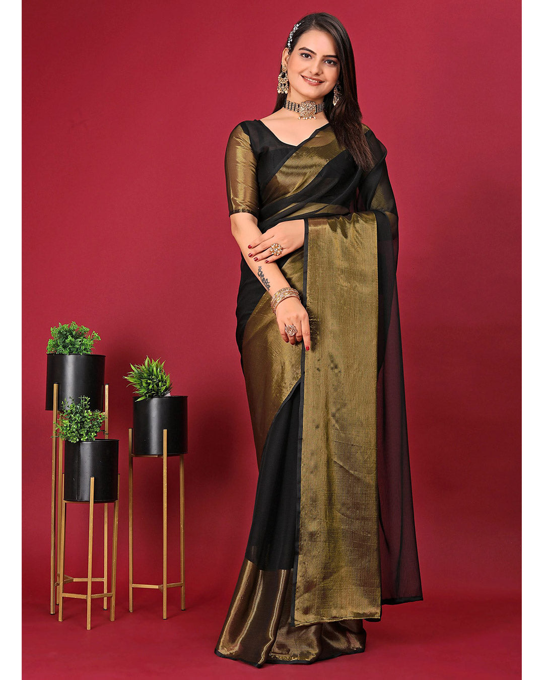 One Minute Ready To Wear Saree Black In Premium Chiffon Silk With Zari Patta Divashree