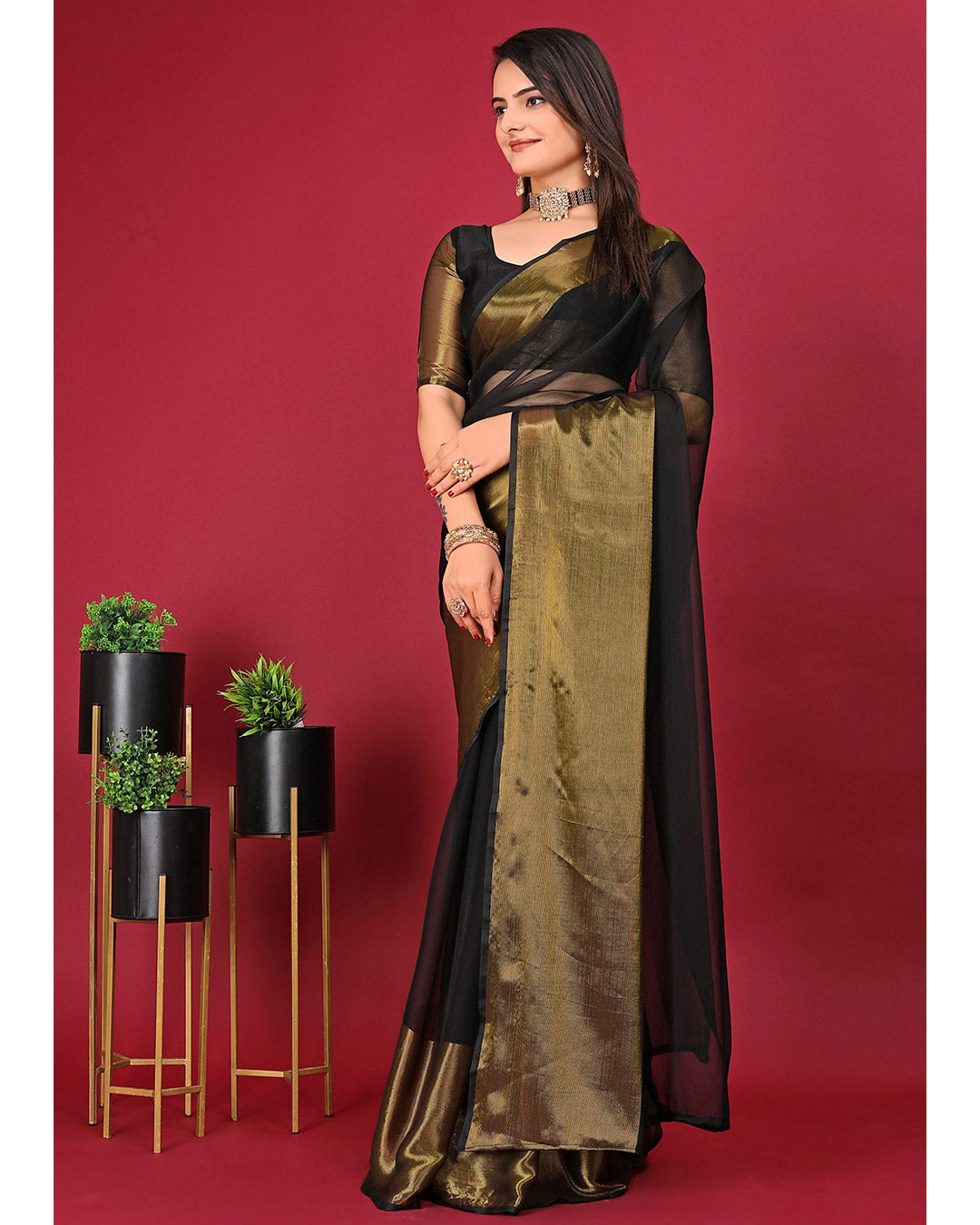 One Minute Ready To Wear Saree Black In Premium Chiffon Silk With Zari Patta Divashree