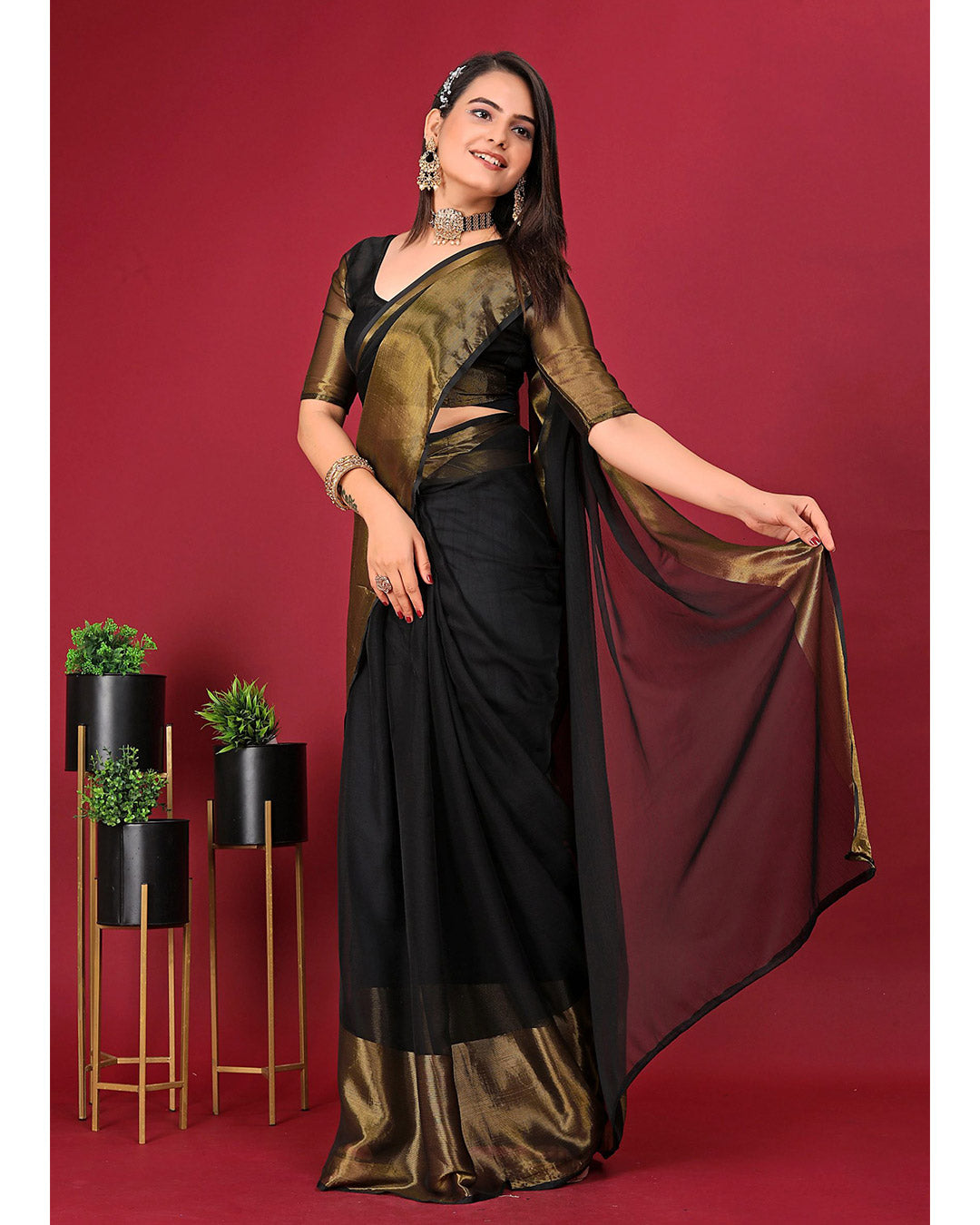 One Minute Ready To Wear Saree Black In Premium Chiffon Silk With Zari Patta Divashree