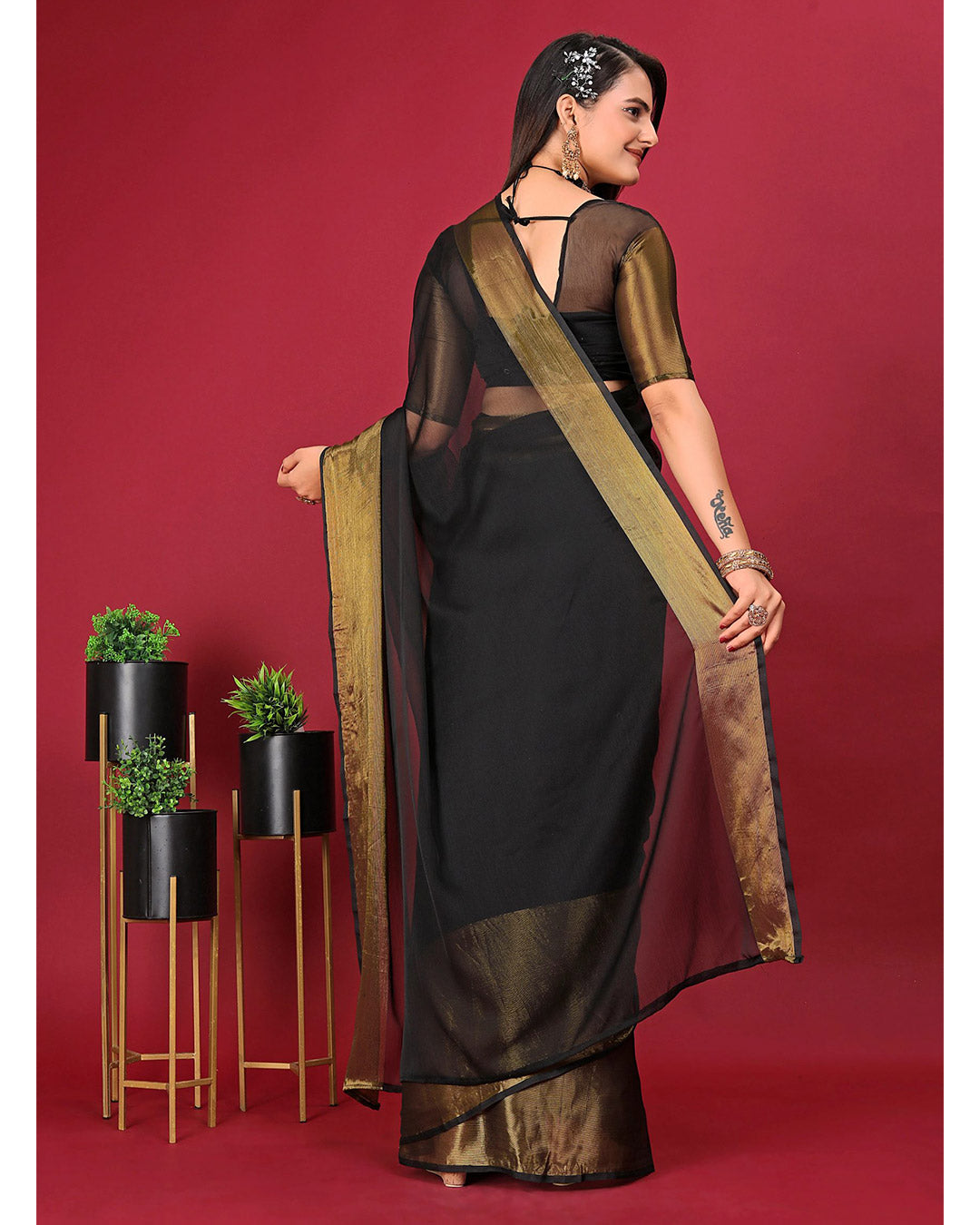 One Minute Ready To Wear Saree Black In Premium Chiffon Silk With Zari Patta Divashree