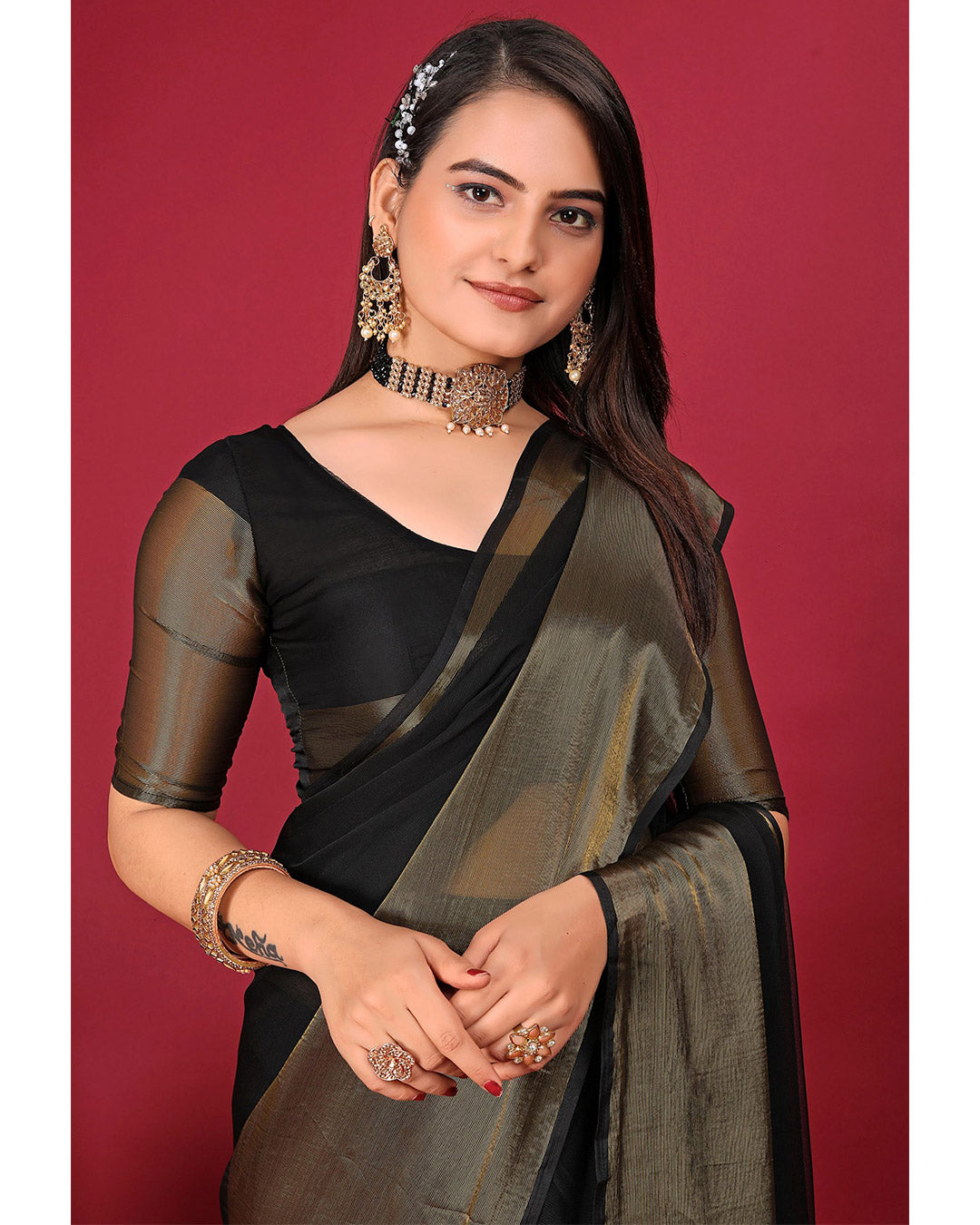 One Minute Ready To Wear Saree Black In Premium Chiffon Silk With Zari Patta Divashree