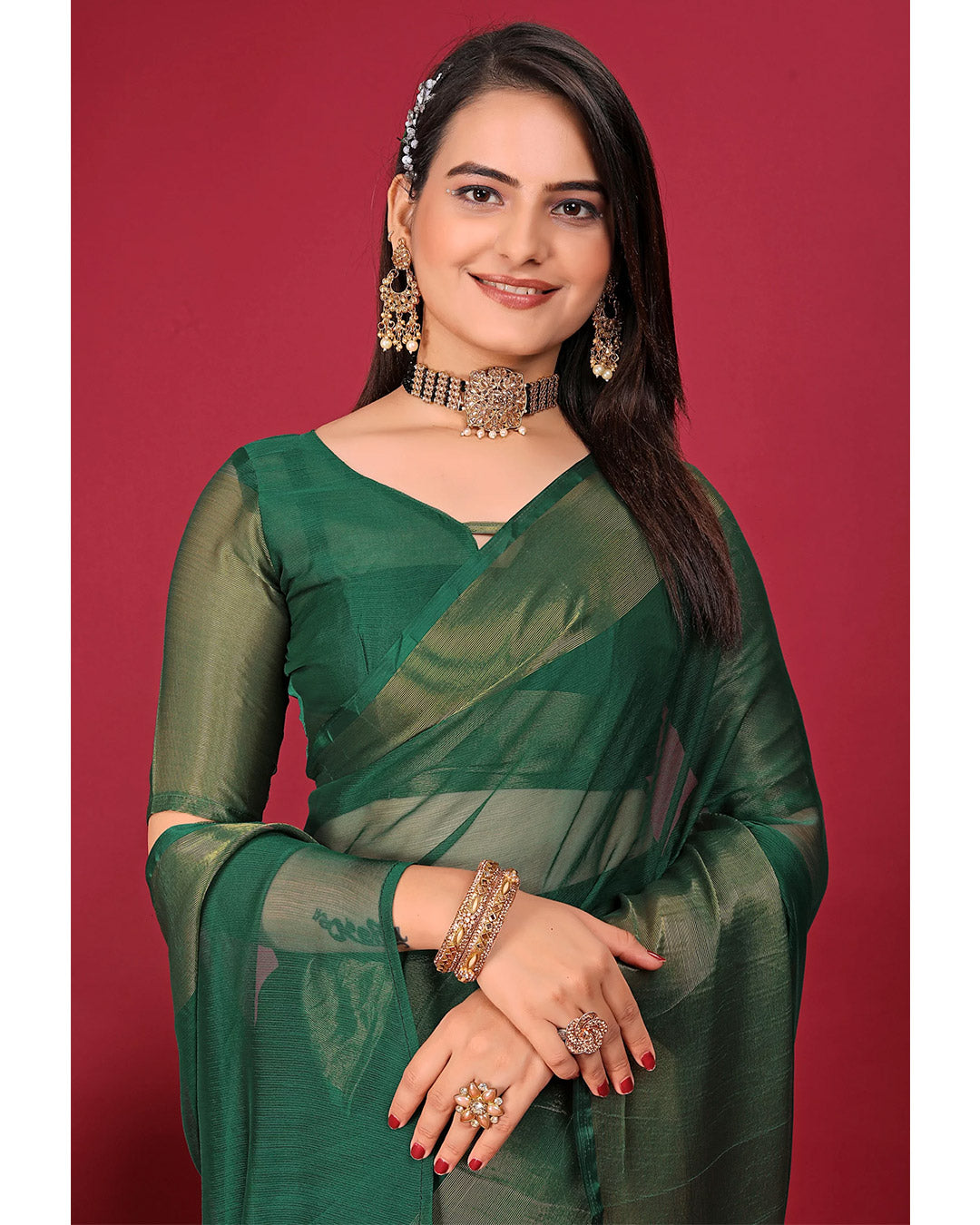 One Minute Ready To Wear Saree DARK GREEN In Premium Chiffon Silk With Zari Patta Divashree