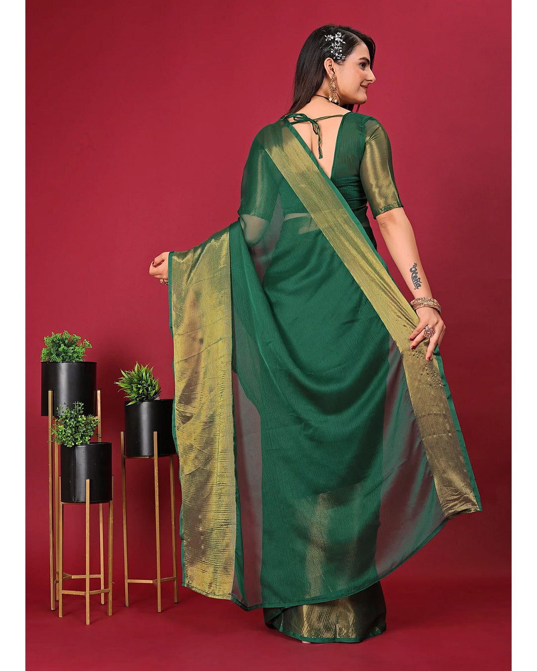 One Minute Ready To Wear Saree DARK GREEN In Premium Chiffon Silk With Zari Patta Divashree