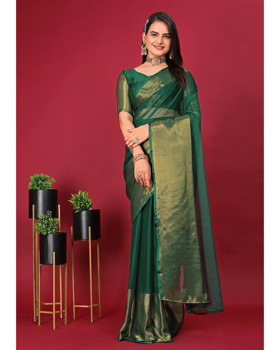 One Minute Ready To Wear Saree DARK GREEN In Premium Chiffon Silk With Zari Patta Divashree