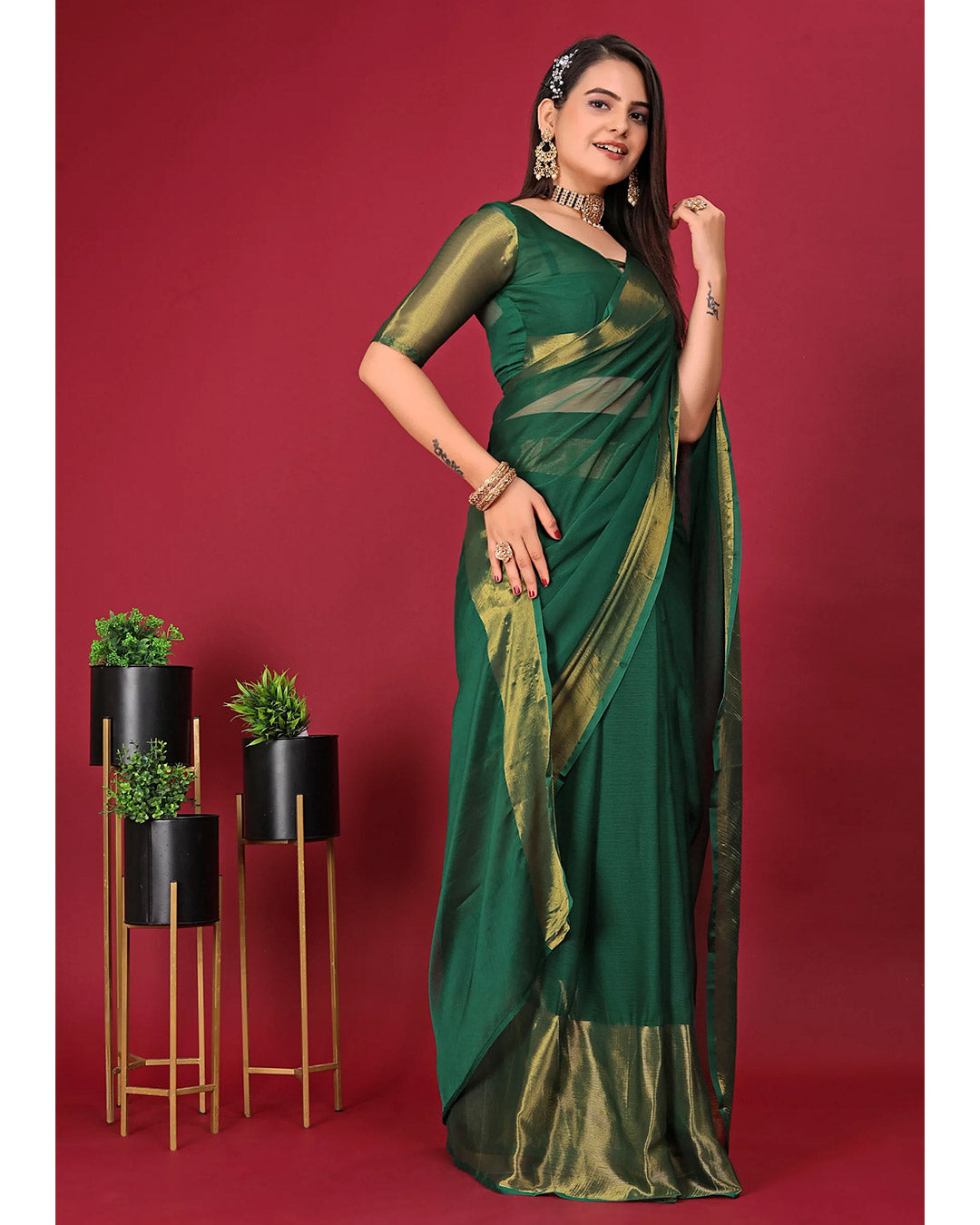 One Minute Ready To Wear Saree DARK GREEN In Premium Chiffon Silk With Zari Patta Divashree