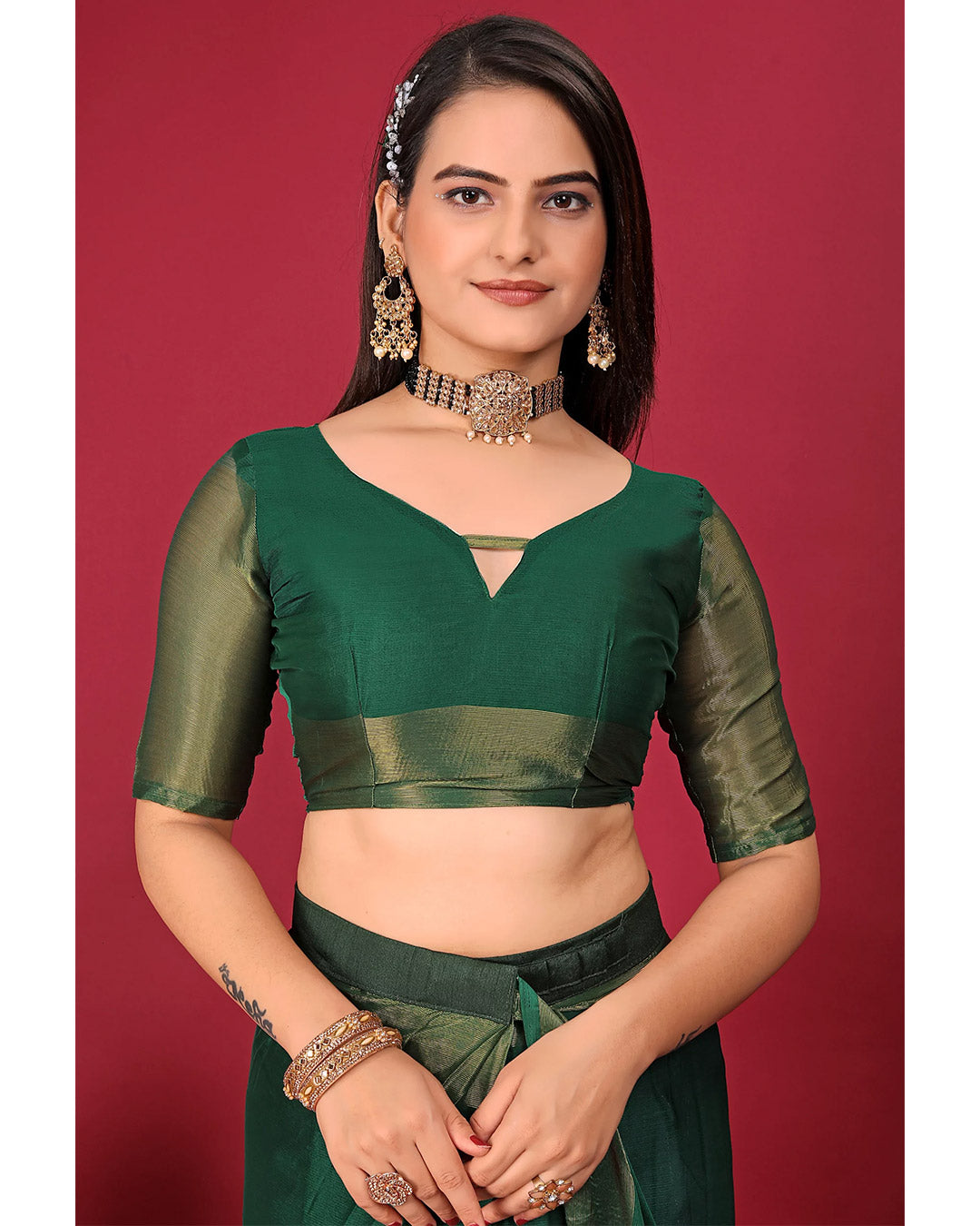 One Minute Ready To Wear Saree DARK GREEN In Premium Chiffon Silk With Zari Patta Divashree