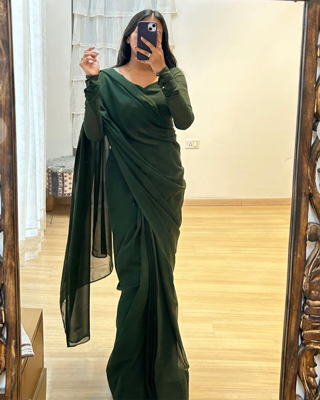 One Minute Ready to Wear Premium Fox Georgette Dark Green Saree