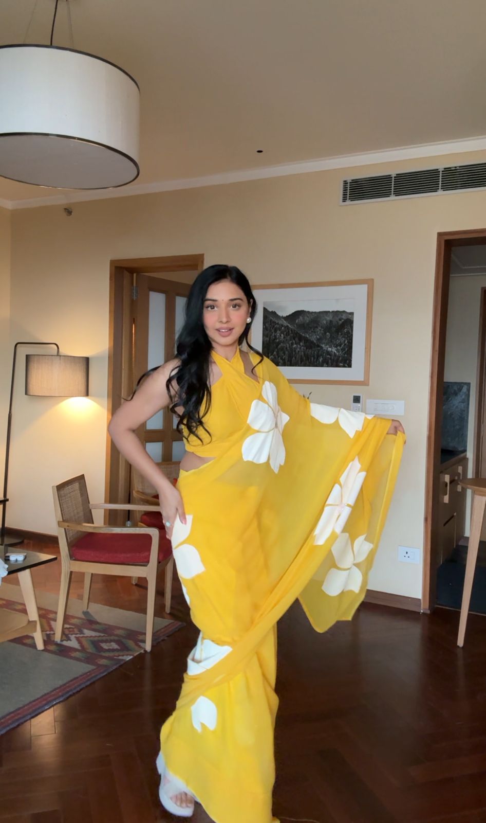 One Minute Ready To Wear Yellow Blossom Pure Soft Georgette Silk Saree