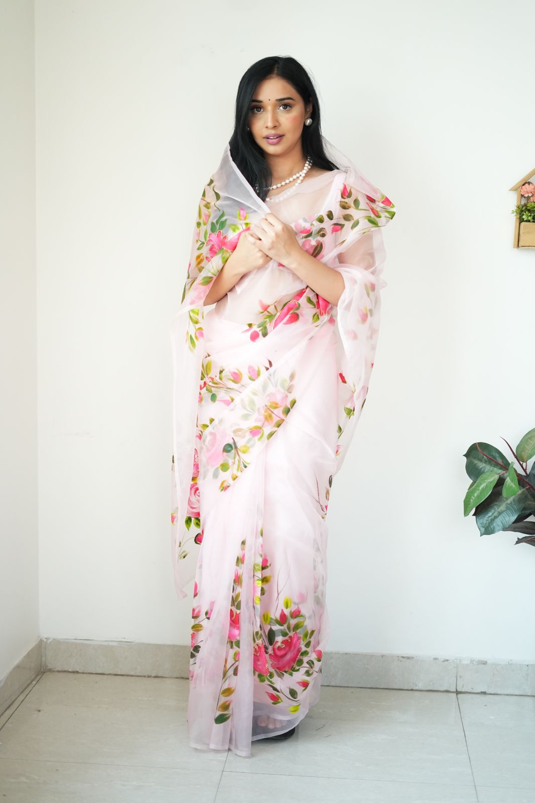 One Minute Ready To Wear Pink Floral Wrap Pure Soft Organza Silk Saree