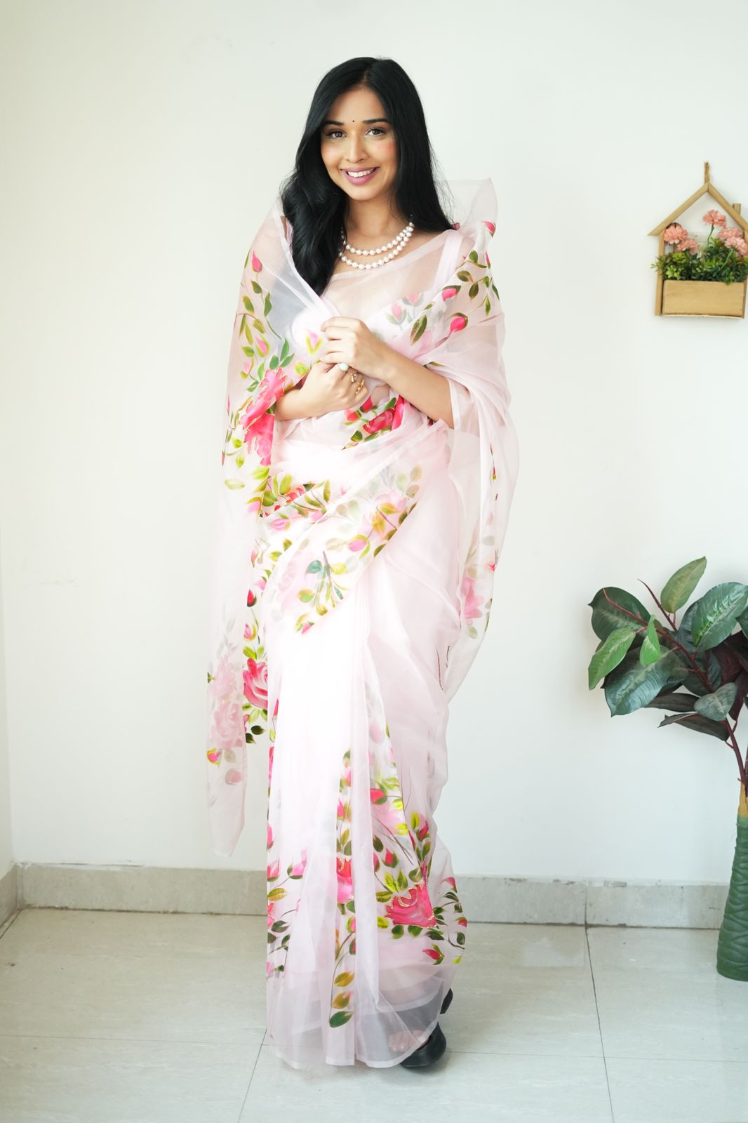 One Minute Ready To Wear Pink Floral Wrap Pure Soft Organza Silk Saree