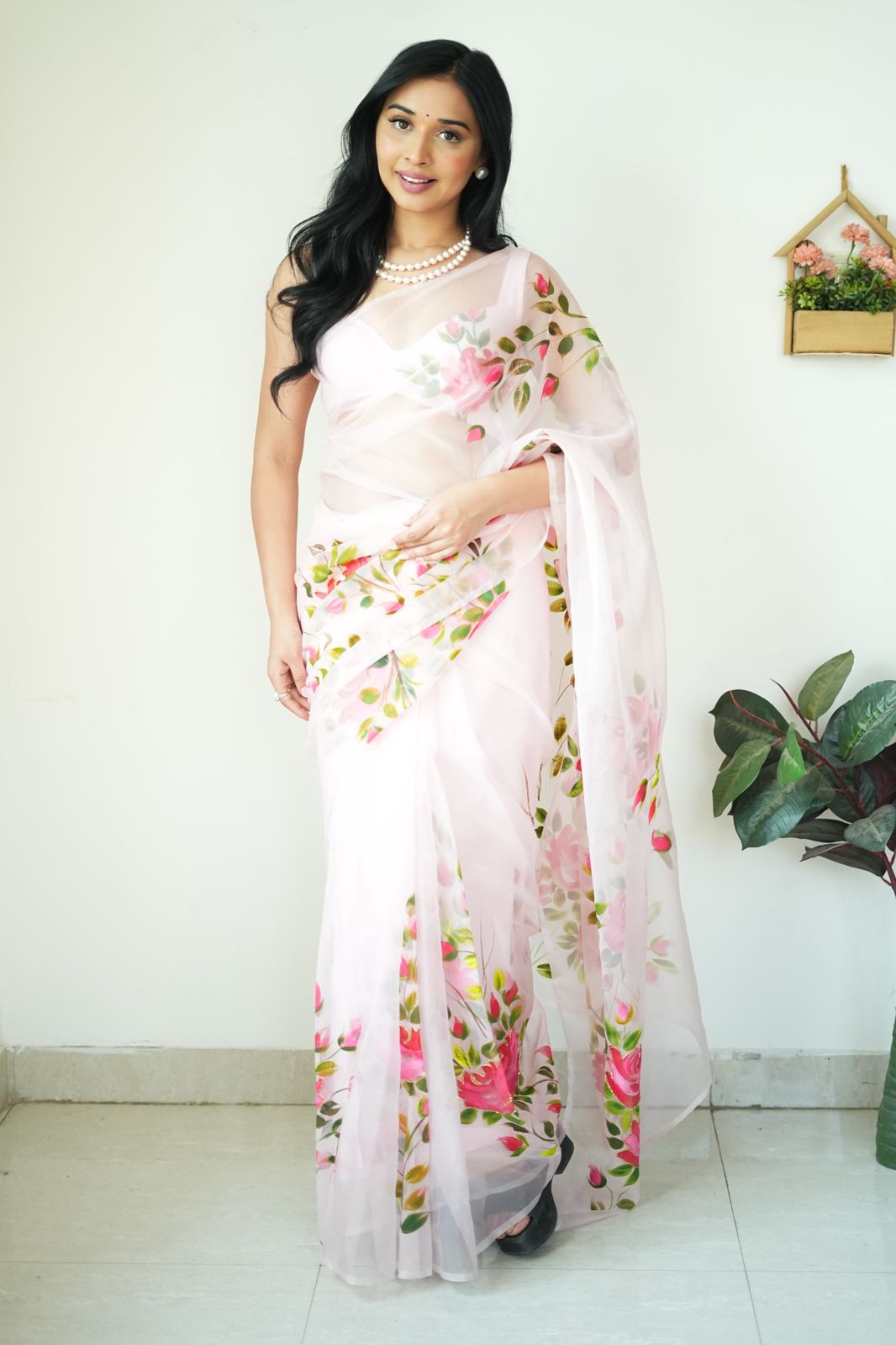 One Minute Ready To Wear Pink Floral Wrap Pure Soft Organza Silk Saree