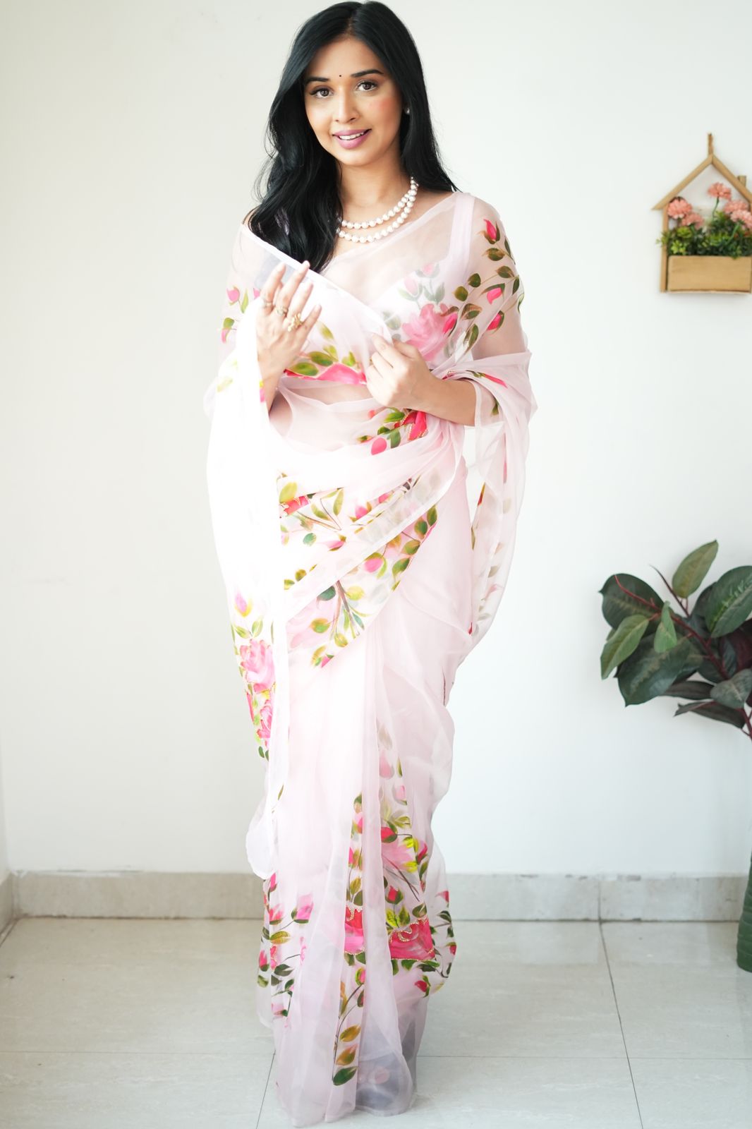 One Minute Ready To Wear Pink Floral Wrap Pure Soft Organza Silk Saree