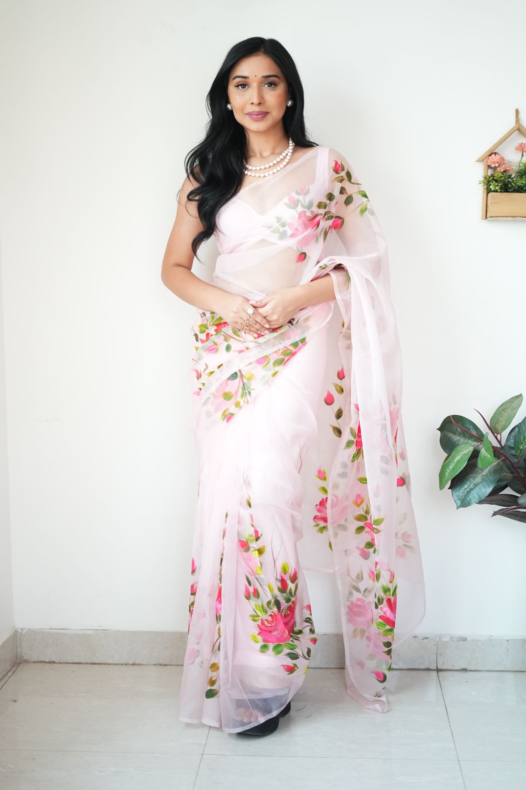 One Minute Ready To Wear Pink Floral Wrap Pure Soft Organza Silk Saree