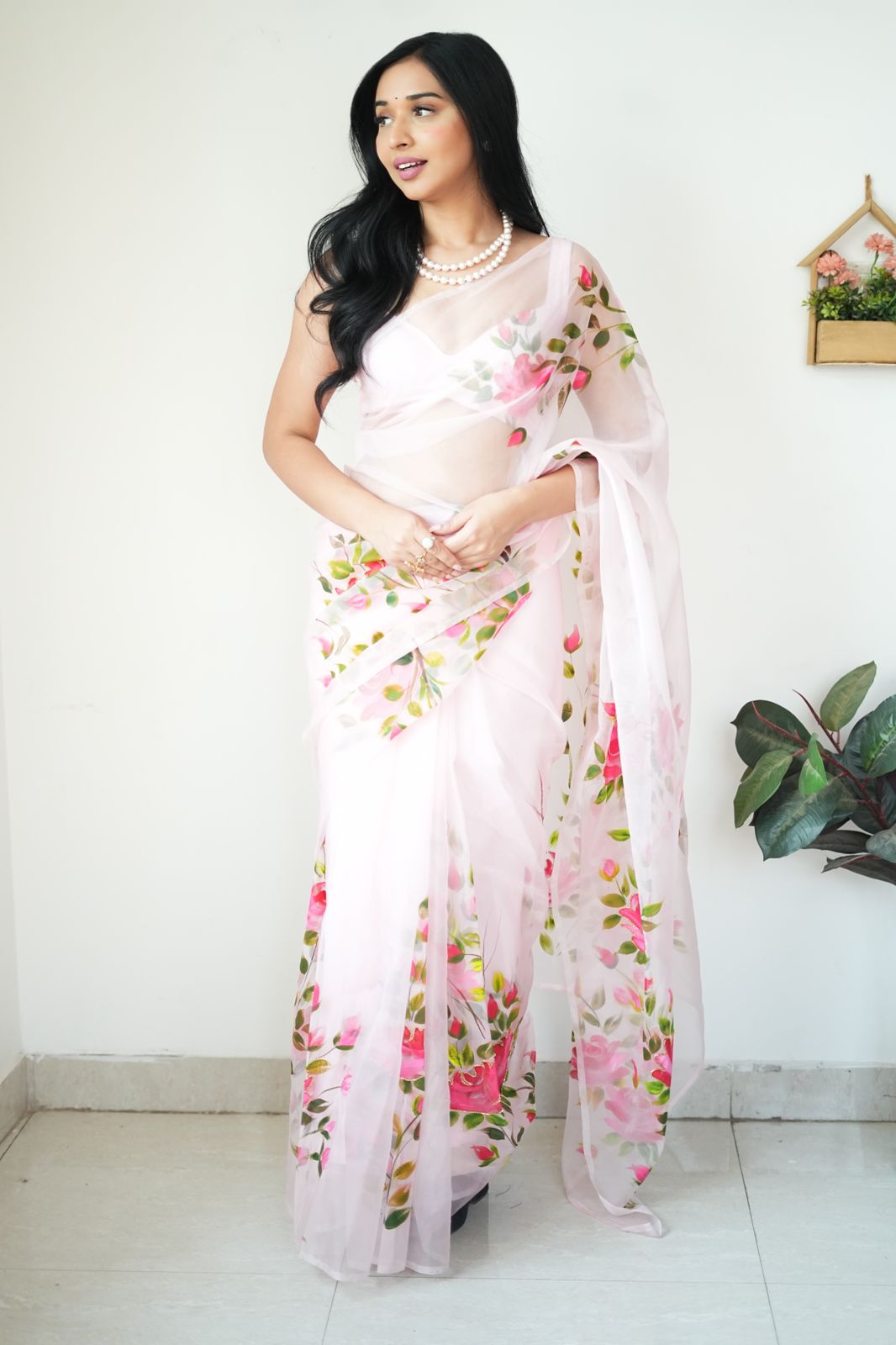 One Minute Ready To Wear Pink Floral Wrap Pure Soft Organza Silk Saree