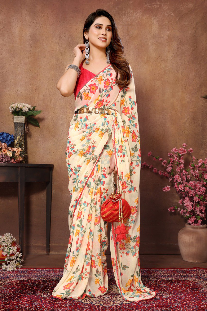 One Minute Ready To Wear Blossom Beige Pure Soft Georgette Silk Saree