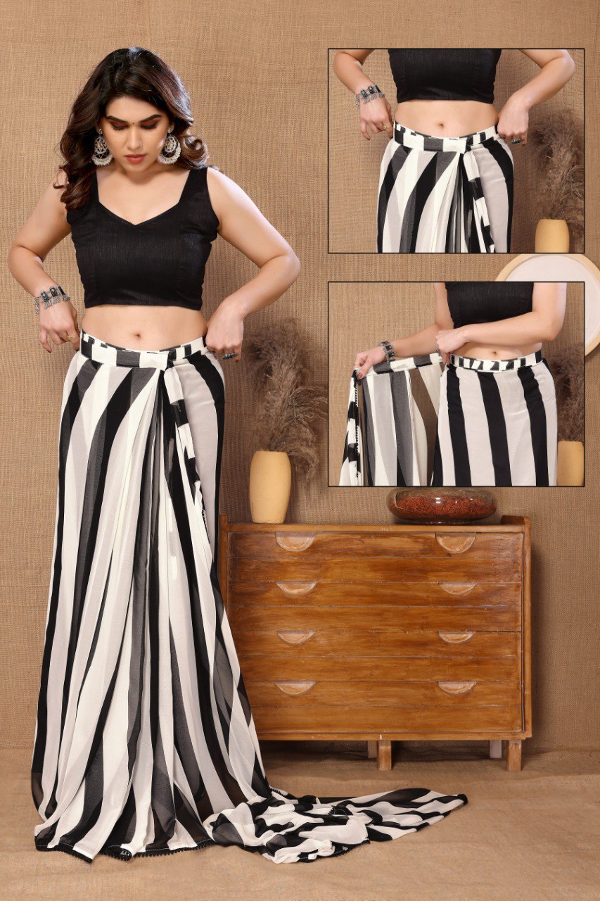 One Minute Ready To Wear Classic Contrast Pure Soft Georgette Silk Saree