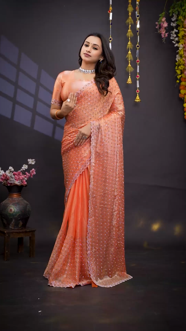 New Beautiful Orange Net Saree with Swarovski Border, Pallu & Full Heavy Shadow PP Stone Work with Unstitched Blouse