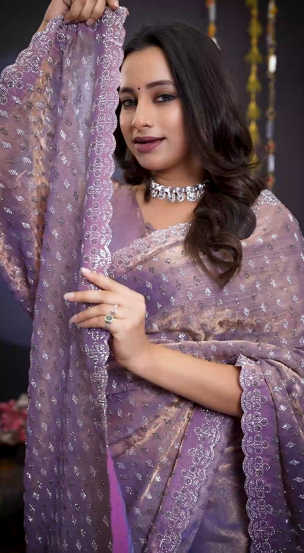 New Beautiful Lavender Mauve Net Saree with All Over Stone Work & Designer Border with Unstitched Blouse