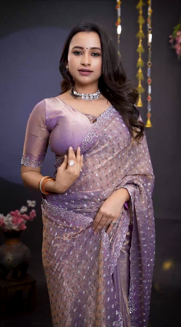 New Beautiful Lavender Mauve Net Saree with All Over Stone Work & Designer Border with Unstitched Blouse