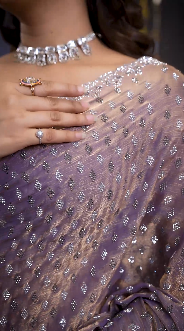 New Beautiful Lavender Mauve Net Saree with All Over Stone Work & Designer Border with Unstitched Blouse