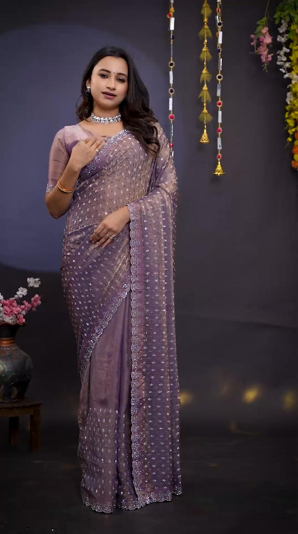 New Beautiful Lavender Mauve Net Saree with All Over Stone Work & Designer Border with Unstitched Blouse