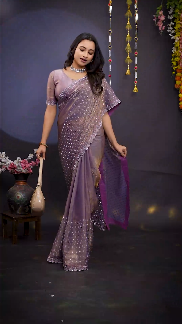 New Beautiful Lavender Mauve Net Saree with All Over Stone Work & Designer Border with Unstitched Blouse