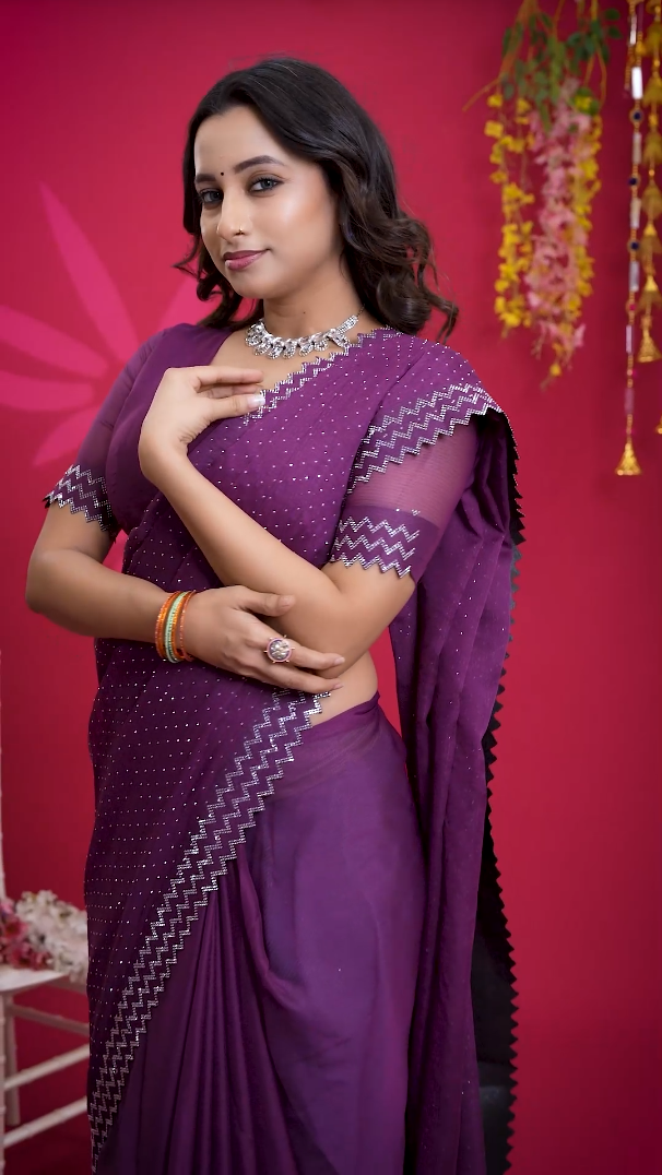 New Beautiful Purple Net Saree with All Over Stone Work & Zigzag Designer Border with Unstitched Blouse