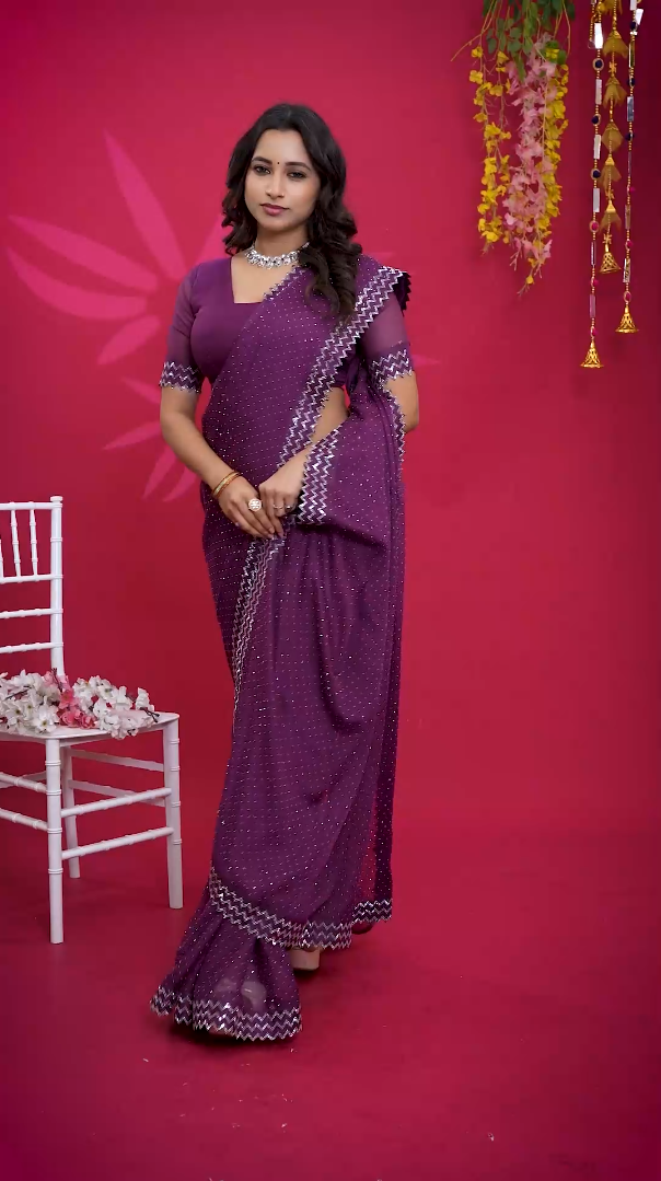 New Beautiful Purple Net Saree with All Over Stone Work & Zigzag Designer Border with Unstitched Blouse