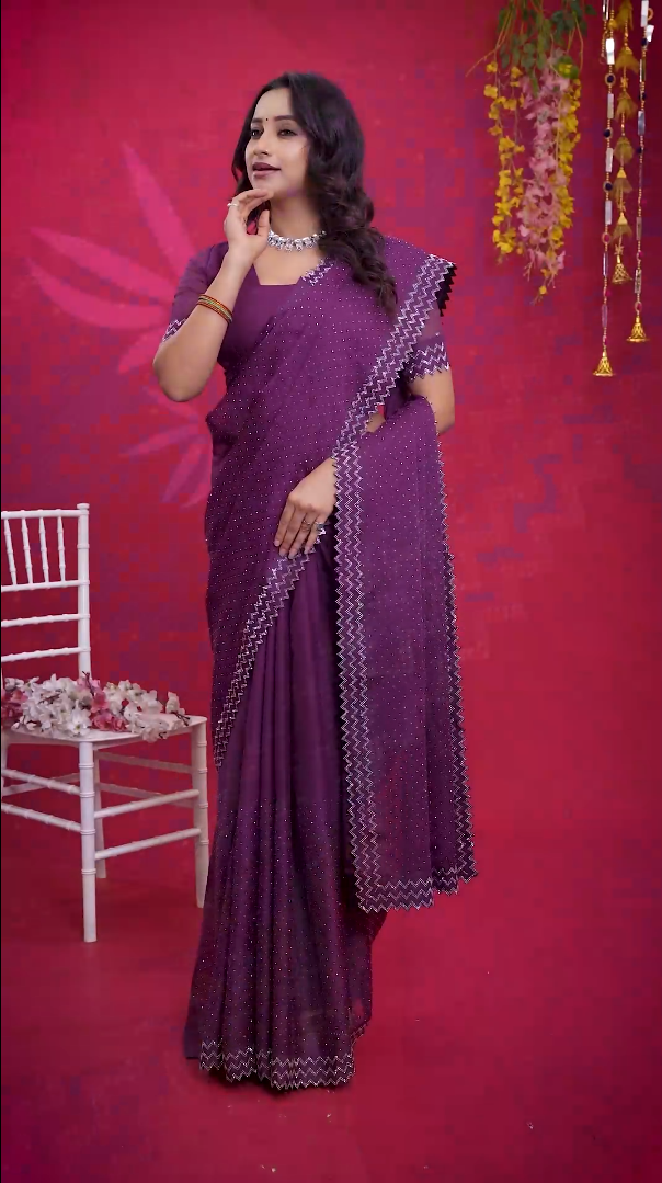 New Beautiful Purple Net Saree with All Over Stone Work & Zigzag Designer Border with Unstitched Blouse