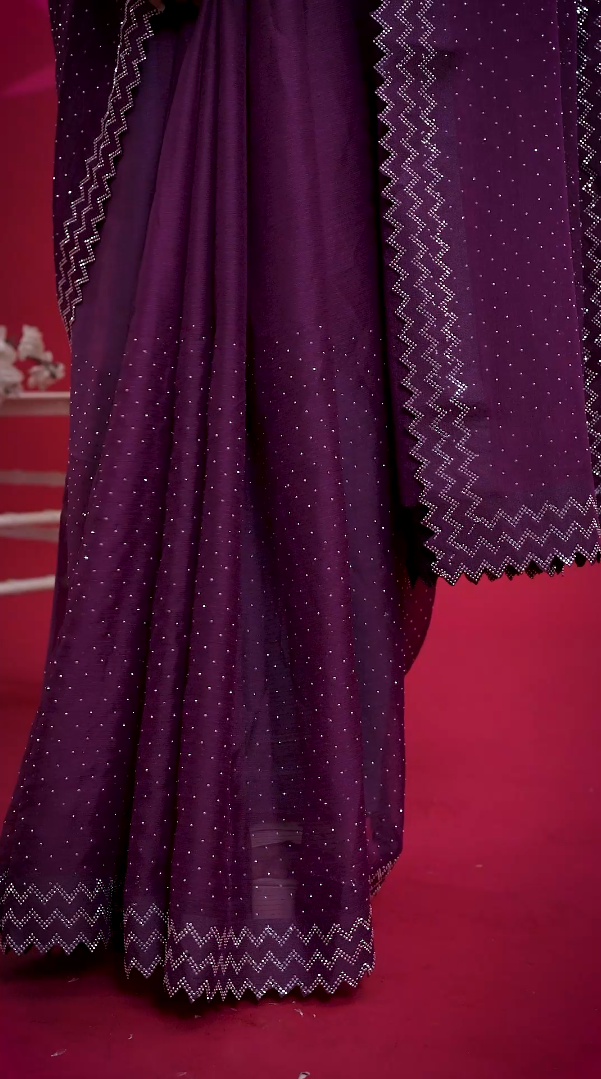 New Beautiful Purple Net Saree with All Over Stone Work & Zigzag Designer Border with Unstitched Blouse
