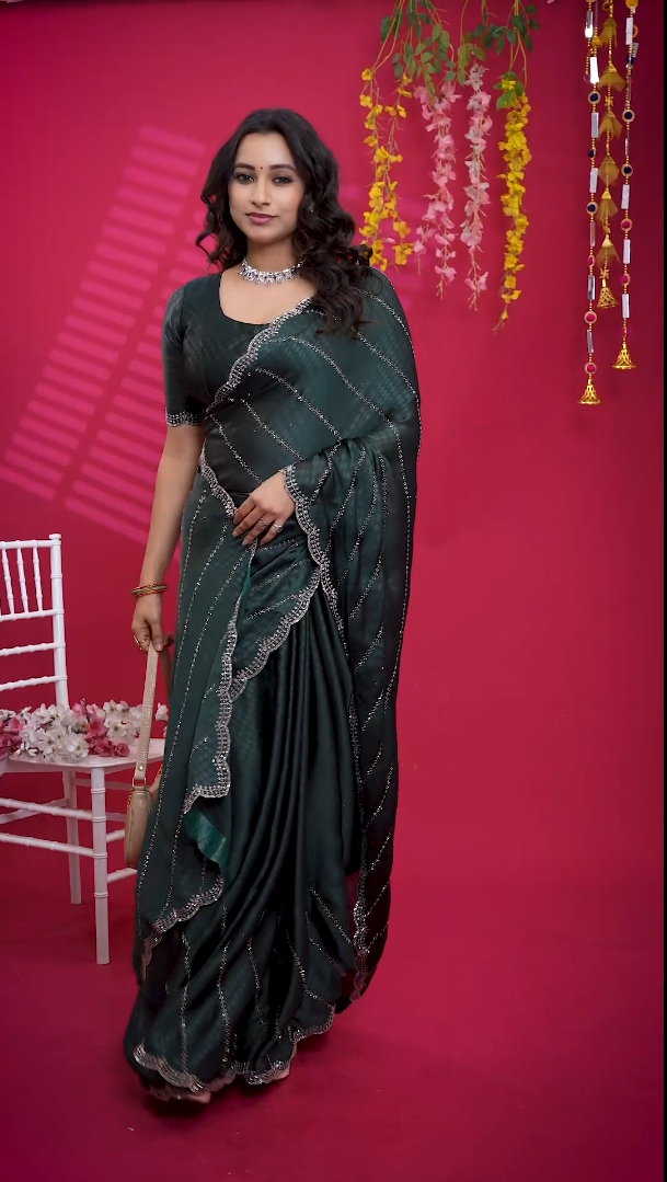 New Beautiful Dark Green Self Textured Net Saree with Stone Work & Scalloped Designer Border with Unstitched Blouse