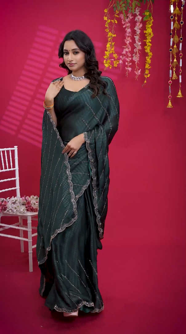 New Beautiful Dark Green Self Textured Net Saree with Stone Work & Scalloped Designer Border with Unstitched Blouse