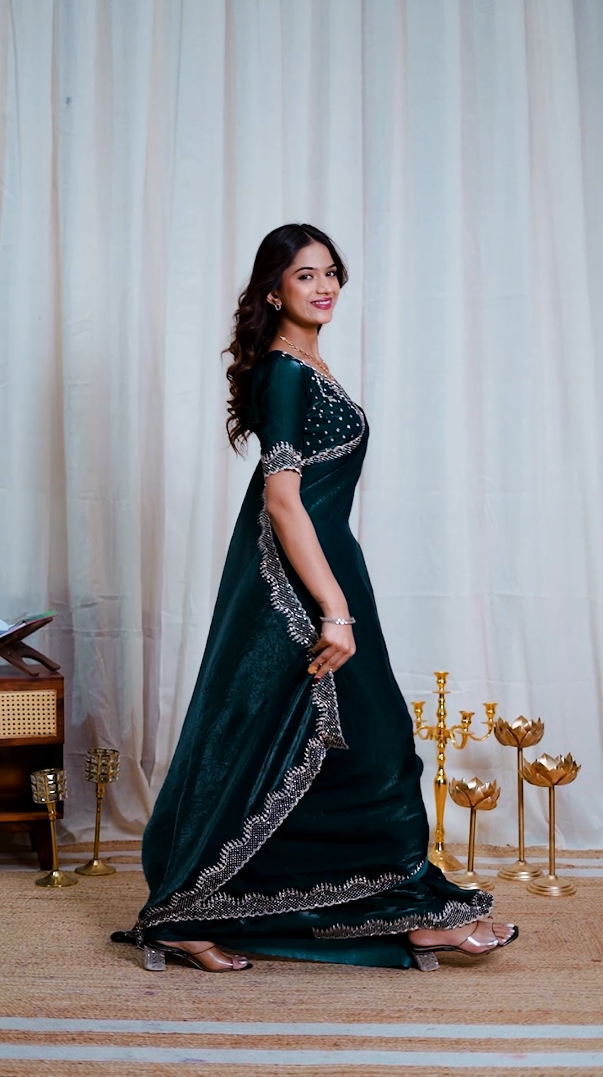 New Beautiful Deep Teal Green Designer Saree with Stone Work Border and Unstitched Blouse