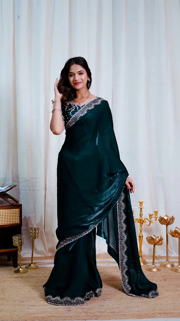 New Beautiful Deep Teal Green Designer Saree with Stone Work Border and Unstitched Blouse