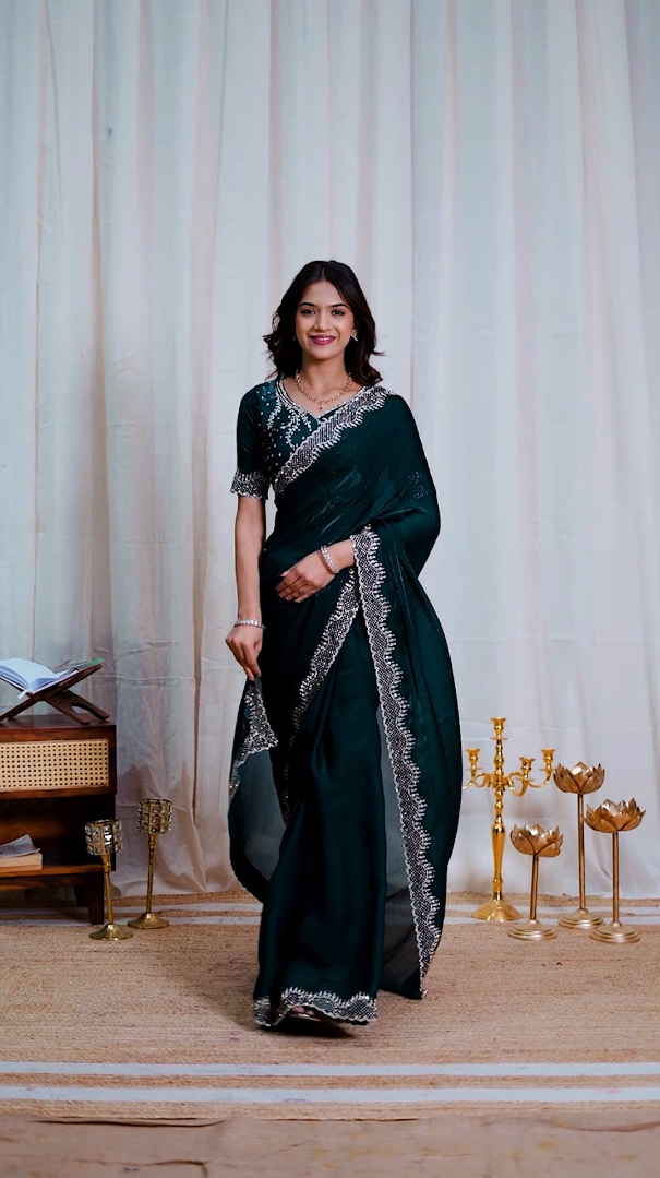 New Beautiful Deep Teal Green Designer Saree with Stone Work Border and Unstitched Blouse