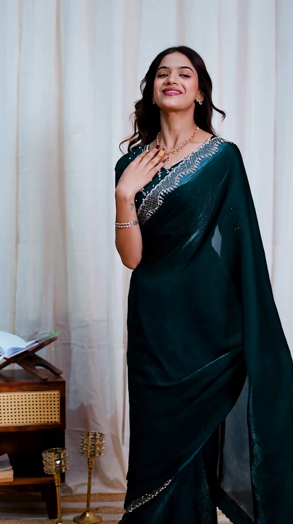 New Beautiful Deep Teal Green Designer Saree with Stone Work Border and Unstitched Blouse