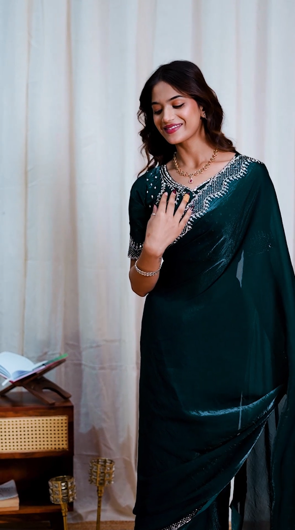 New Beautiful Deep Teal Green Designer Saree with Stone Work Border and Unstitched Blouse