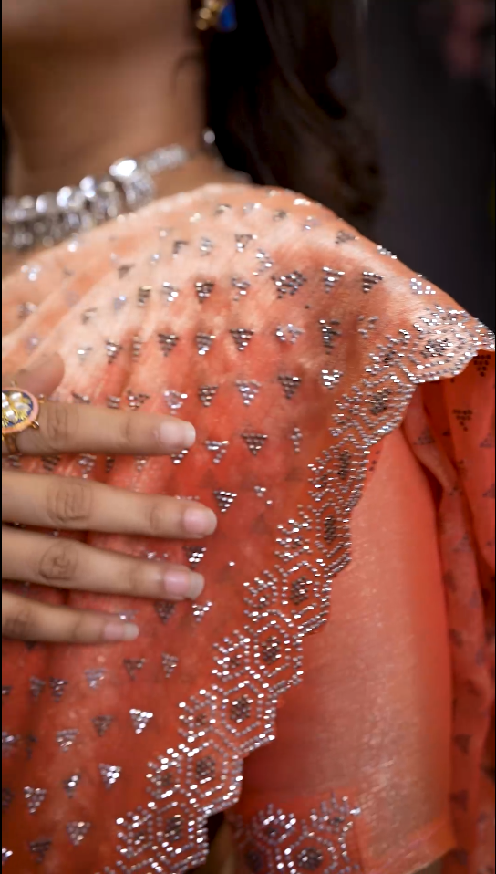 New Beautiful Orange Net Saree with Swarovski Border, Pallu & Full Heavy Shadow PP Stone Work with Unstitched Blouse