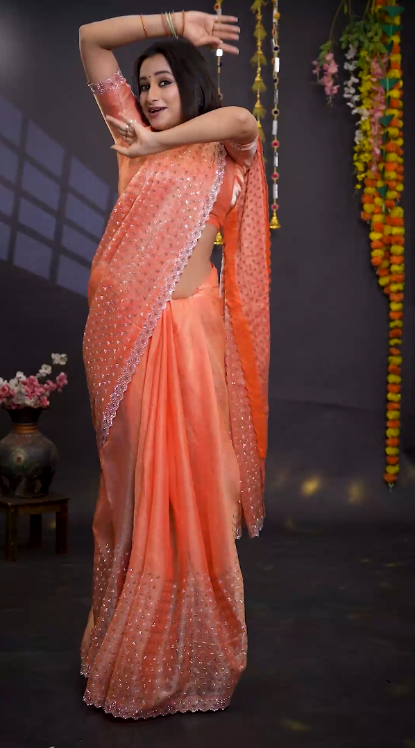 New Beautiful Orange Net Saree with Swarovski Border, Pallu & Full Heavy Shadow PP Stone Work with Unstitched Blouse