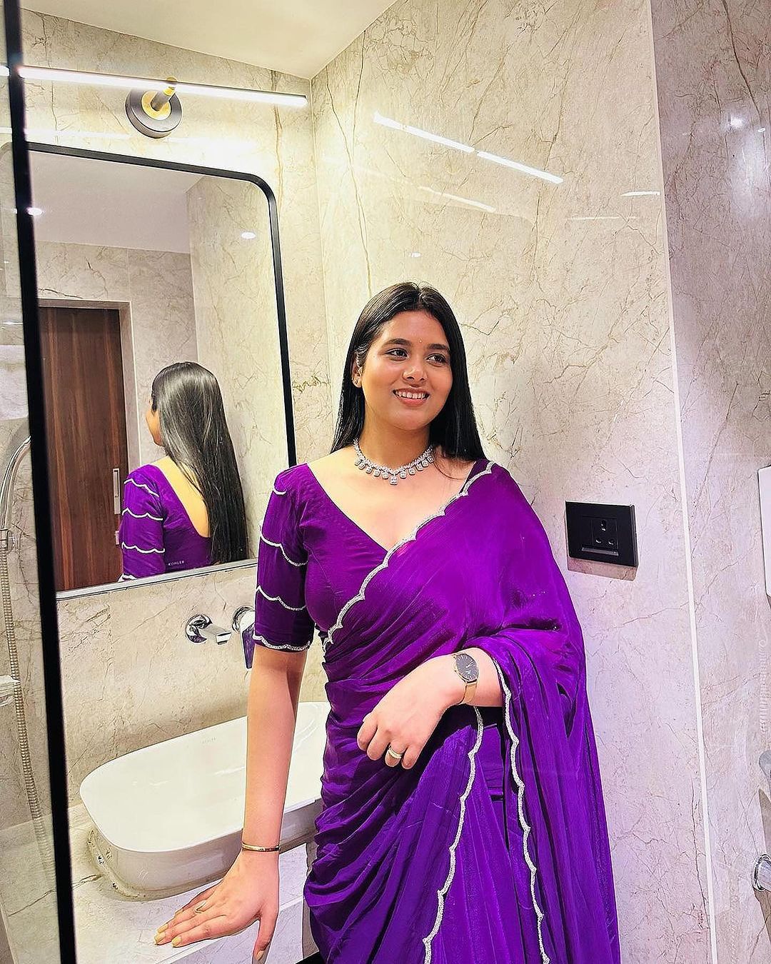 One Minute Ready To Wear Exquisite Purple Pure Soft Georgette Silk Saree with Stitch Blouse