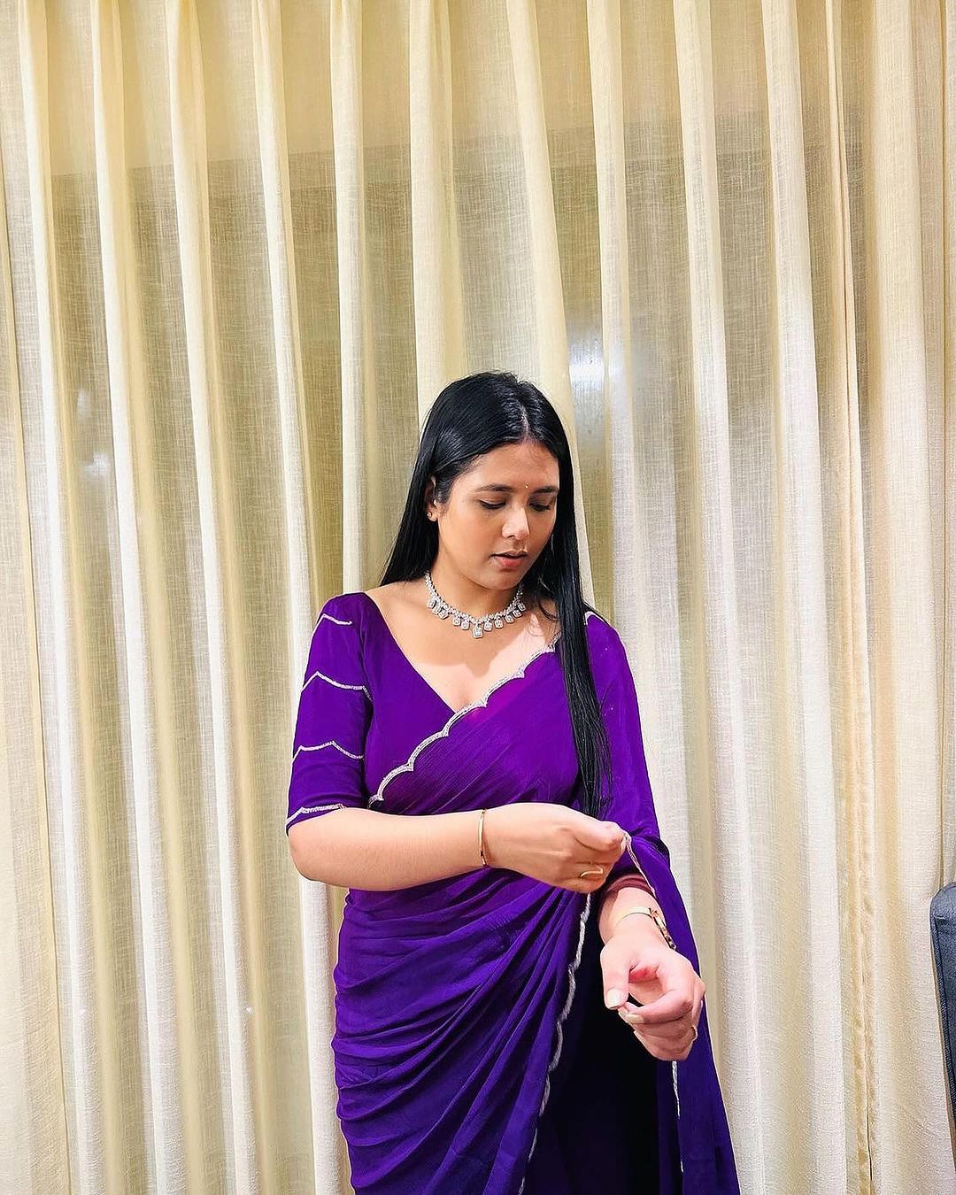 One Minute Ready To Wear Exquisite Purple Pure Soft Georgette Silk Saree with Stitch Blouse