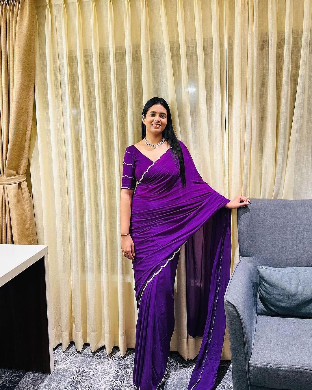 One Minute Ready To Wear Exquisite Purple Pure Soft Georgette Silk Saree with Stitch Blouse